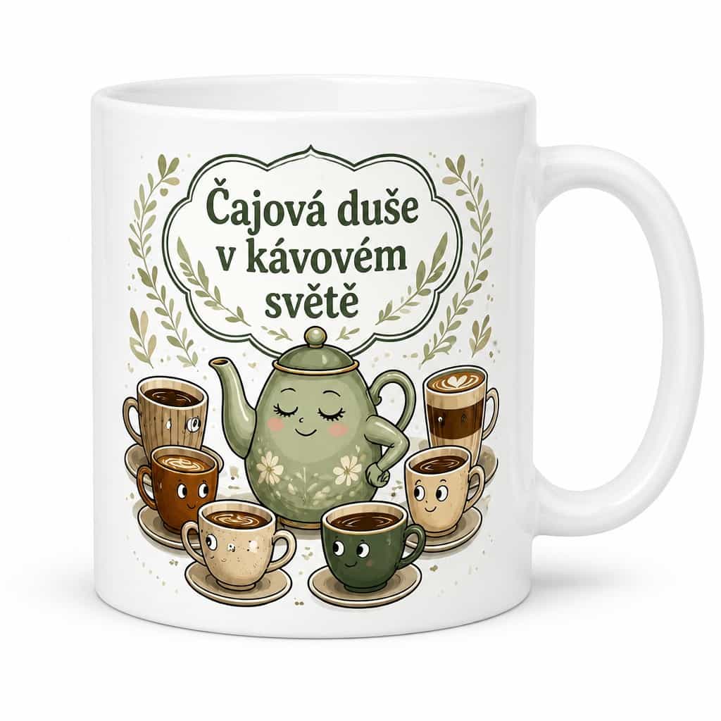 Hrnek s nápisem Čajová duše v kávovém světě