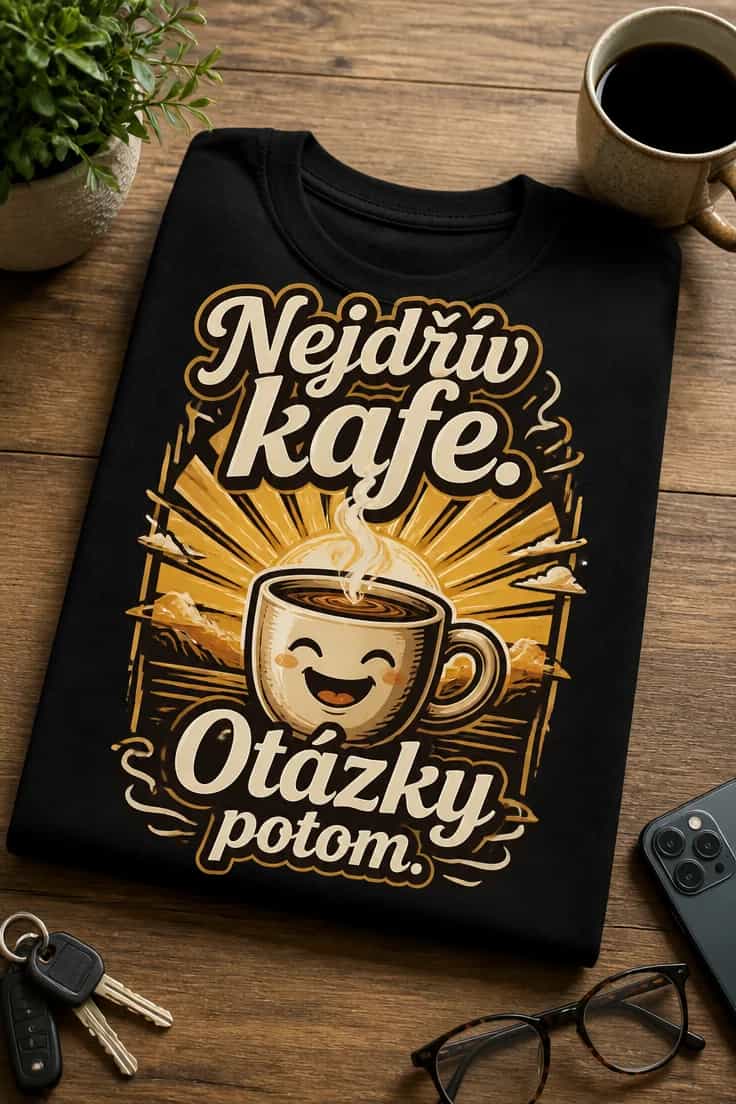 Tričko Nejdřív kafe, otázky potom
