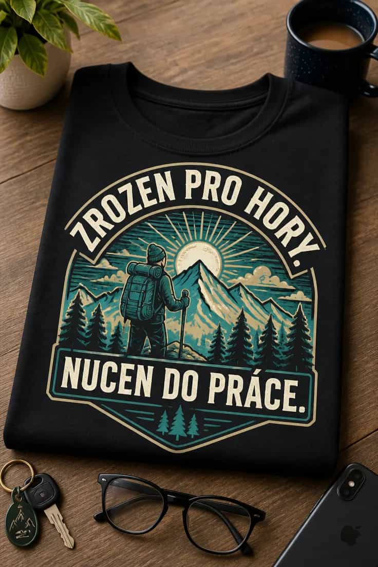 Tričko s horským motivem – Zrozen pro hory. Nucen do práce.