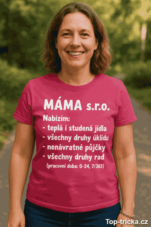 Vtipné tričko Máma s.r.o. s růžovým nápisem
