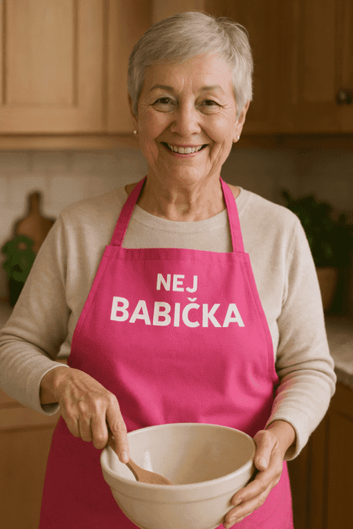 Babička v růžové zástěře s nápisem "Nejlepší babička" připravuje jídlo v kuchyni.