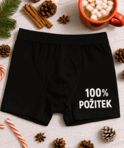 Pohodlné pánské boxerky s potiskem 100% POŽITEK, ideální pro vánoční atmosféru.