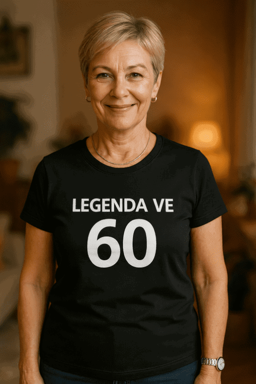 Žena s úsměvem v domácím prostředí, nosí tričko „Legenda ve 60“ na oslavu životní etapy.