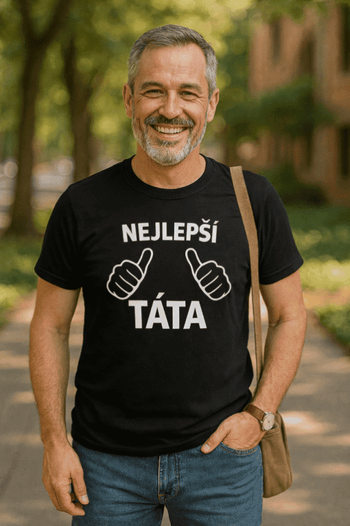 Muž s úsměvem v parku, nosí tričko "Nejlepší táta" s ručně kreslenými palci nahoru.