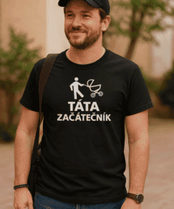 ALT: Muž s parukou a tričkem "Táta začátečník", vhodné pro rodinné akce a oslavy.