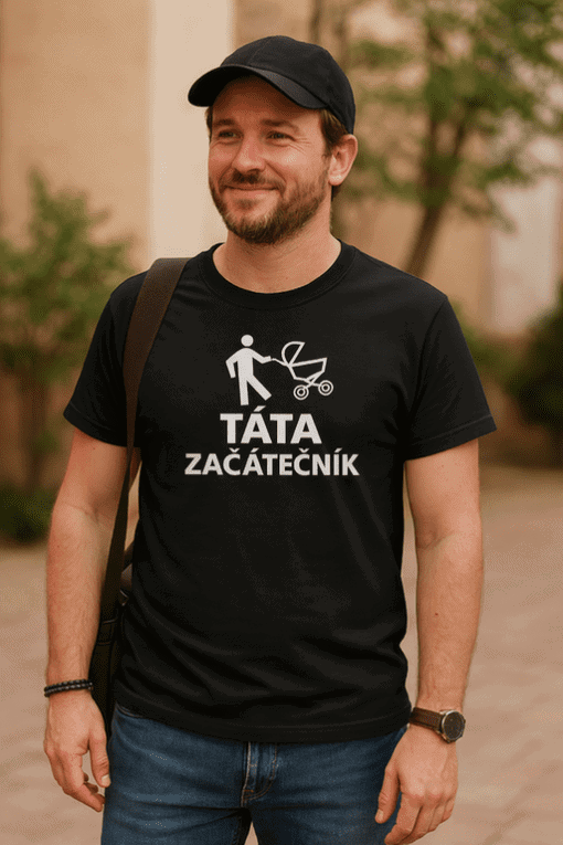 ALT: Muž s parukou a tričkem "Táta začátečník", vhodné pro rodinné akce a oslavy.