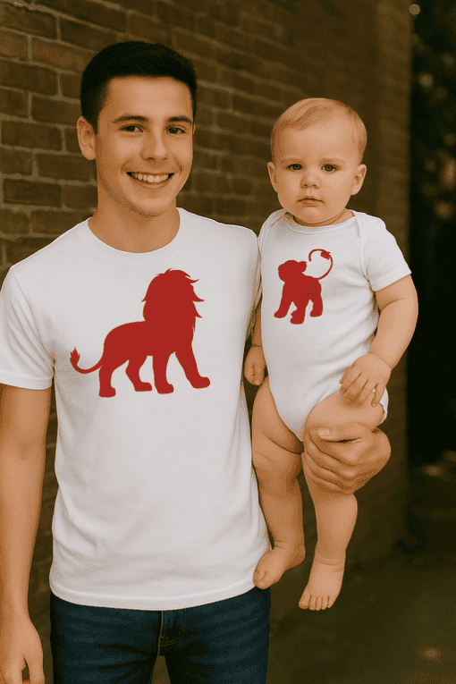 Pohled na muže a dítě v tričkách s lion a koťátkem, český design Top-tricka.cz.