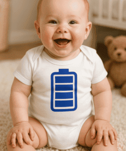 Dítě s tričkem s motivem nabité baterie, koncept energii a vitality u dětí.