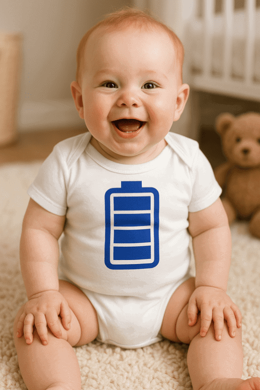 Dítě s tričkem s motivem nabité baterie, koncept energii a vitality u dětí.