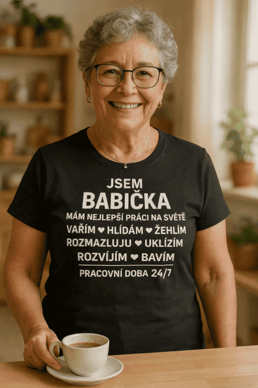 Žena s hrnkem kávy, vtipné tričko o babičce, domácí prostředí, moderní vzhled, radost z života.