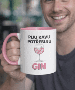 Hrnek s nápisem "Piji kávu, potřebuji GIN", vhodný pro milovníky humoru a originálních dárků.