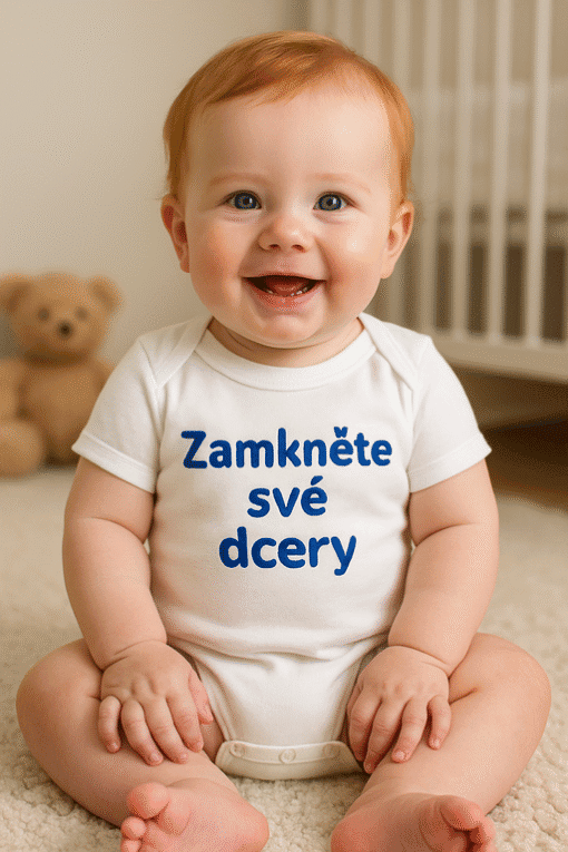 Roztomilá dětská fotografie s textem "Zamkněte své dcery".