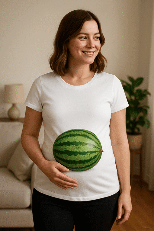 Alternativní text: Šťastná žena s melounem na břiše, domácí prostředí, zdravý životní styl.