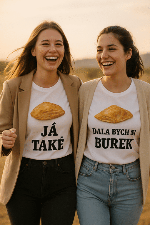 Dvě ženy s vtipnými tričky a pečenými kousky na hrudi pro optimální zábavu a paradoxy.