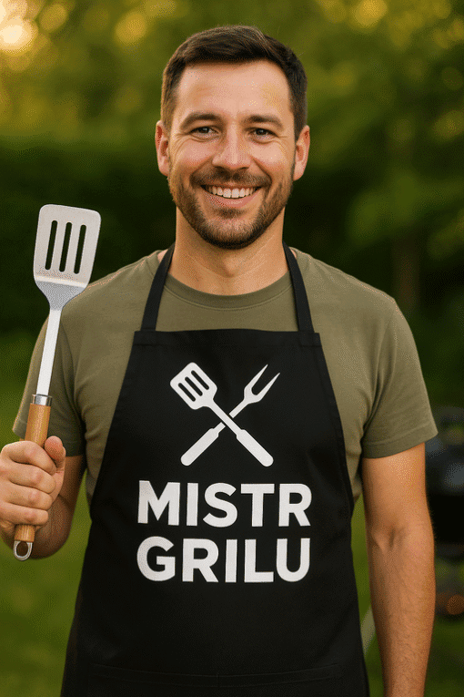 Pohled na muže v černém grilovacím tričku s nápisem MISTR GRILU a kuchyňským náčiním, ideální pro grilování a outdoorové akce.
