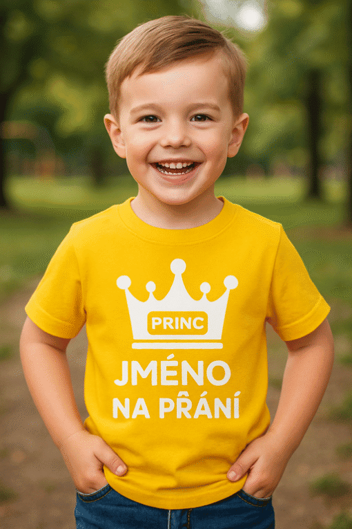 Dětské tričko s potiskem "Princ" a místem pro jméno na přání, ideální dárek a módní doplněk pro děti.