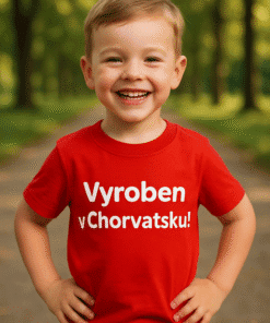 Dítě v červeném tričku s textem "Vyroben v Chorvatsku" stojí na procházce v parku při slunečném dni.