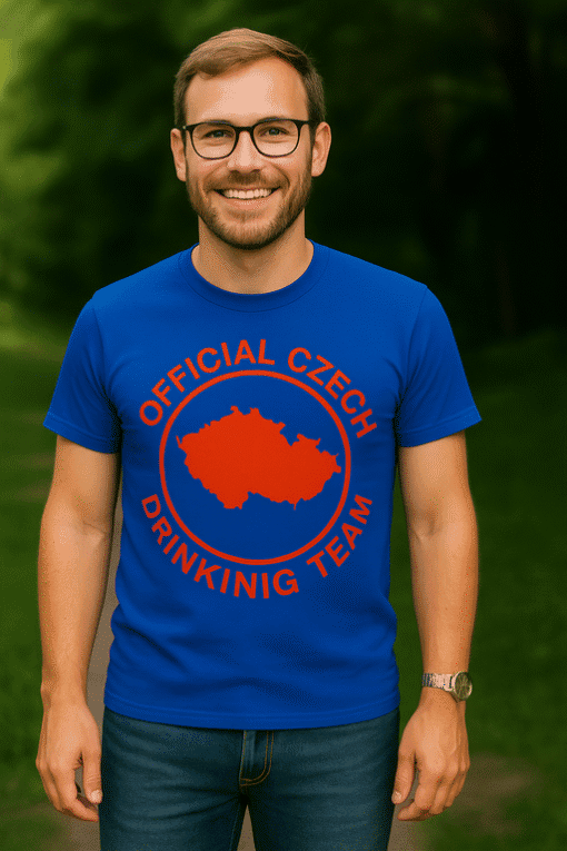 Tričko s českým motivem a nápisem "Official Czech Drinking Team" pro fanoušky a sběratele.