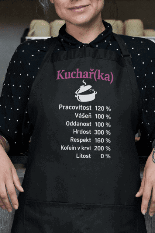 Číslovaný text na zástěře pro kuchaře nebo kuchařku, motiv zábavy a umění vaření.