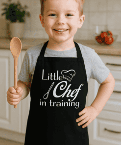 Vášnivý malý kuchař v černé zástěře s nápisem Little Chef in training, připraven na vaření.