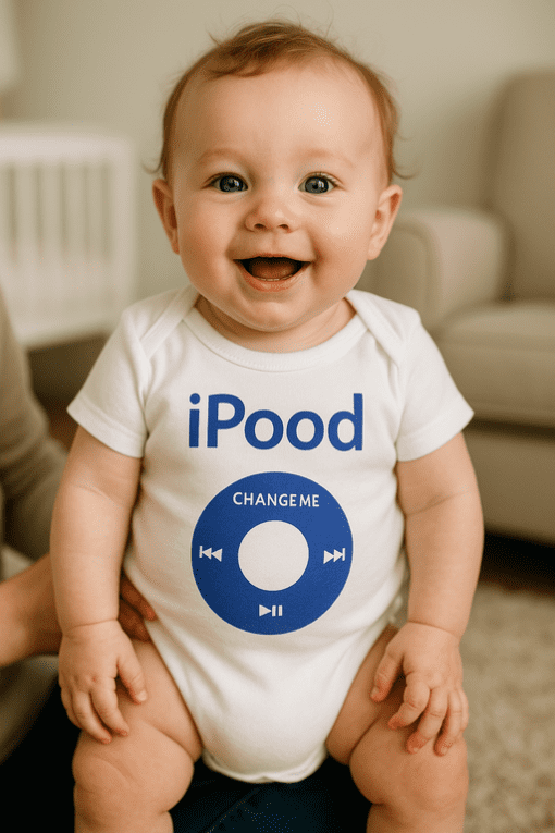 Veselý dítě na focení s tričkem iPod, moderní dětský oděv, pohodlný a stylový dětský oděv.
