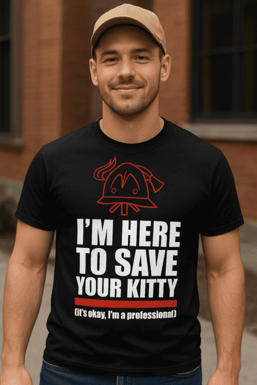 1. Pán s tričkem s nápisem "I'm here to save your kitty" pro milovníky koček a trendy vzhled.