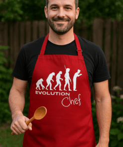 Využití kvalitní kuchařské zástěry s motivem evolution, vaření, chef, outdoor, outdoorové vaření, trendy top-tricka.cz.