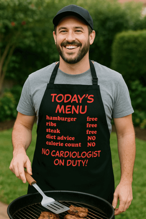 Hrozí přehřátí, muži s grilem na grilování masa, vtipný preventivní nápis, outdoorové aktivity, zábava u grilování.