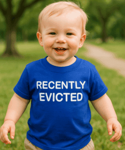 Dítě v modrém tričku s nápisem "Recently Evicted" v přírodním prostředí.