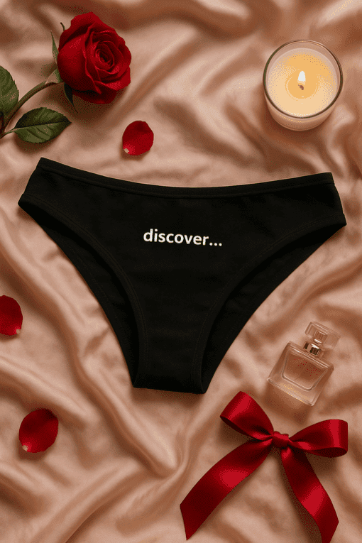 Luxusní dámské kalhotky s nápisem discover na saténovém podkladu, doplněno o vázu s růží, svíčku a parfém.