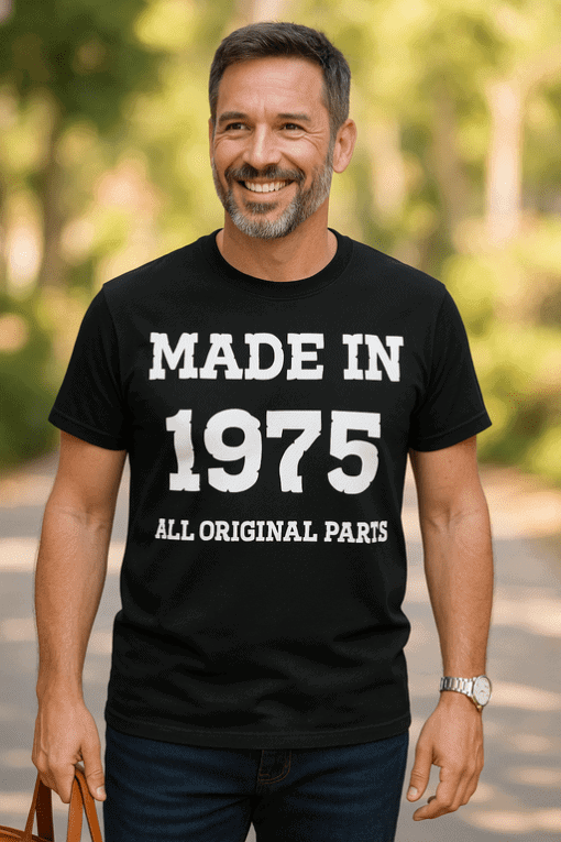 Stylové pánské tričko MADE IN 1975 s potiskem, ideální pro fanoušky vintage módy.