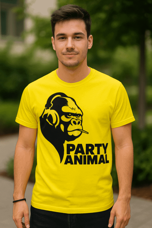 1. Pytel s potiskem PARTY ANIMAL, mladý muž v žlutém, venkovní prostředí.