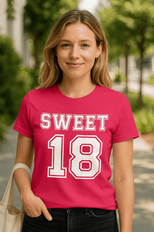 1. Dívka v růžovém tričku s nápisem SWEET 18, venku, letní den, street style, mladistvý look.