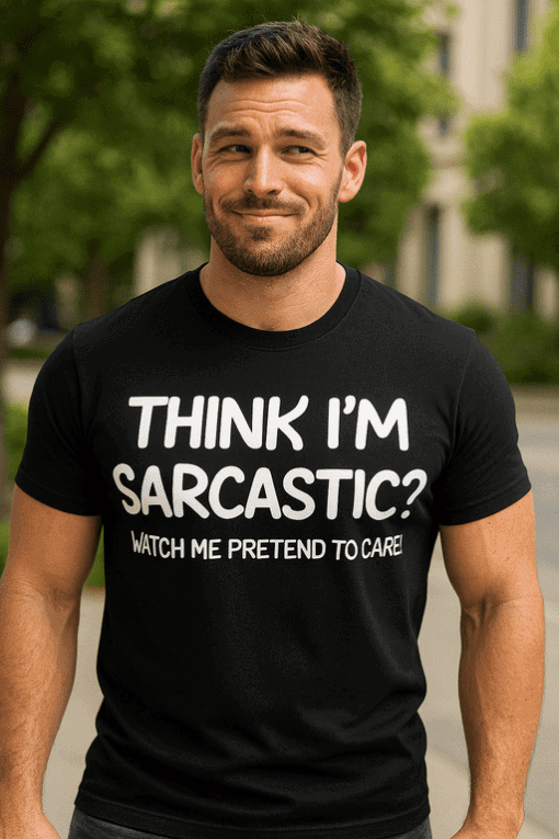Muž v tričku s nápisem "Think I'm sarcastic?" na ulici.
