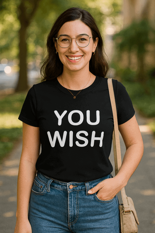 Dívka s tričkem You Wish na procházce v parku, moderní styl a pohodlí.