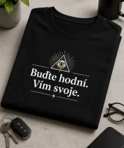Minimalistické tričko s textem Buďte hodní. Vím svoje. a malým okem