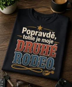 Tričko s nápisem Popravdě, tohle je moje druhé rodeo. Moderní western typografický design pro muže i ženy.