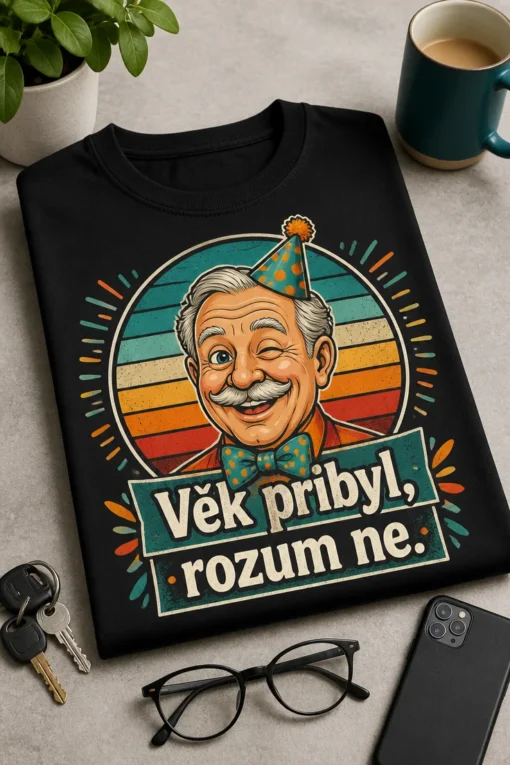 Tričko s nápisem Věk přibyl, rozum ne. a retro grafikou usmívajícího se dědy s mrknutím a párty čepicí