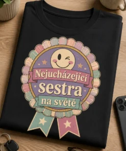 Dámské tričko s nápisem Nejucházející sestra na světě, deadpan award-ribbon grafikou v pastelových barvách a lehce nakřivo umístěnou rozetou.