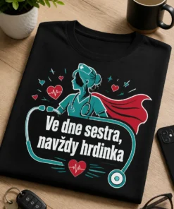 Dámské tričko pro sestru s motivem stethoskopu a sloganem Ve dne sestra, navždy hrdinka v moderním medicínském stylu.