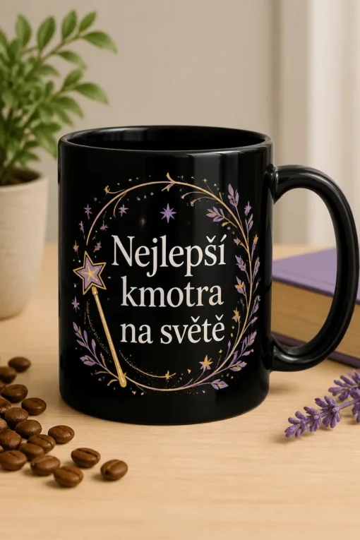 Elegantní dámský hrnek s nápisem Nejlepší kmotra na světě v levandulové a zlaté minimalistické grafice s hůlkou a hvězdičkami.