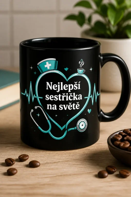 Dárkový mug s motivem pro sestřičku a textem Nejlepší sestřička na světě v tyrkysově bílé medicínské estetice.
