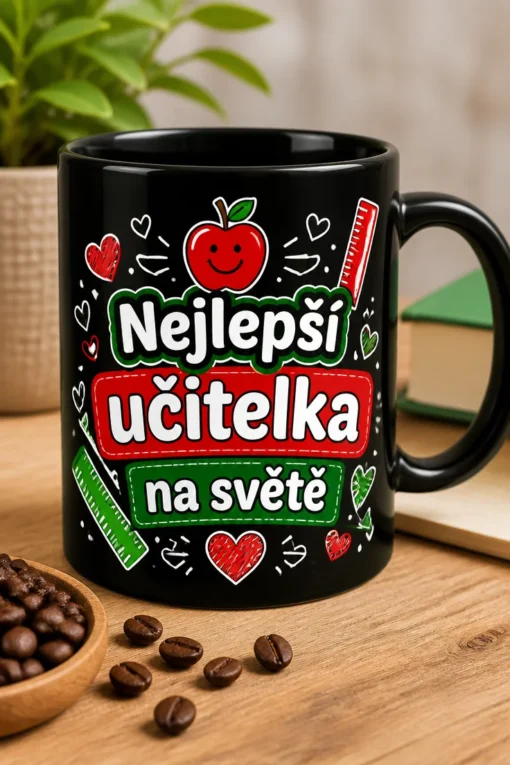 Hrnek s nápisem Nejlepší učitelka na světě, červeným jablkem, pravítkem a srdíčky v hravém školním stylu