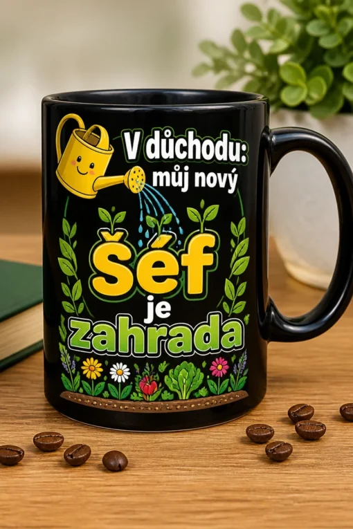Hrnek s nápisem V důchodu: můj nový šéf je zahrada a veselou zahradní ilustrací s konvičkou a klíčky.