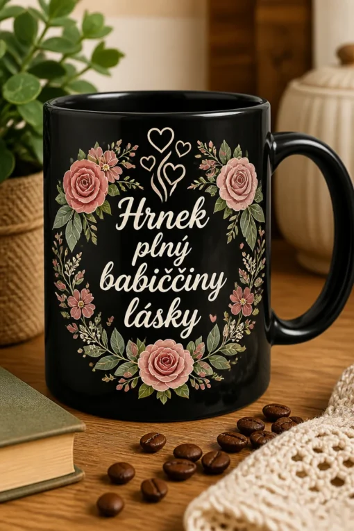 Hrnek s nápisem Hrnek plný babiččiny lásky, floralním věncem, růžemi, zelení a srdíčkovou párou v jemném cottagecore stylu.