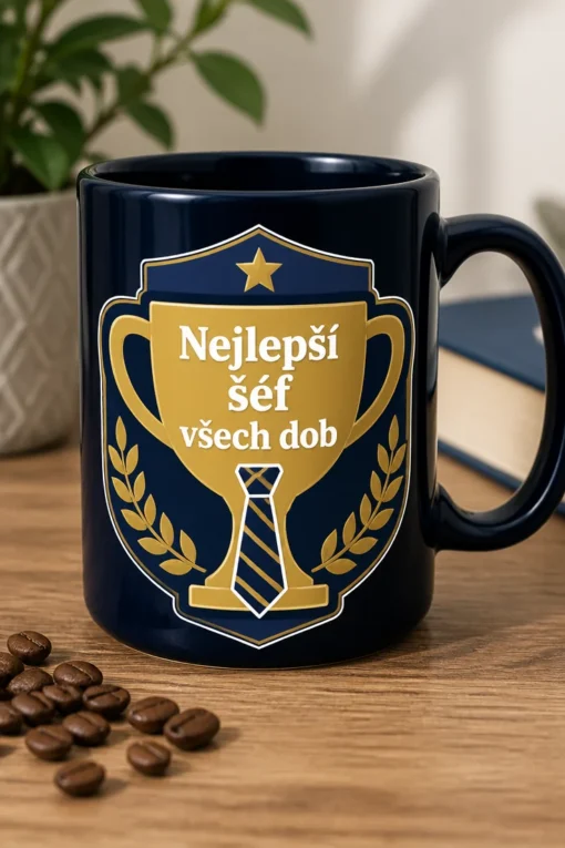 Hrnek s minimalistickým motivem trofeje, kravatou a hvězdou a nápisem Nejlepší šéf všech dob v námořnické a zlaté barvě