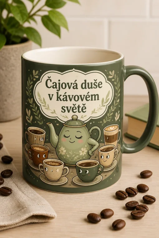Hrnek s jemnou ilustrací čajové konvice obklopené kávovými šálky a nápisem Čajová duše v kávovém světě.