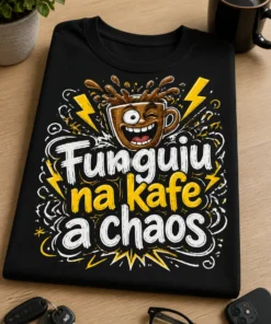 Černé tričko s potiskem Funguju na kafe a chaos, hrnek kávy, blesky a chaotická ručně kreslená grafika