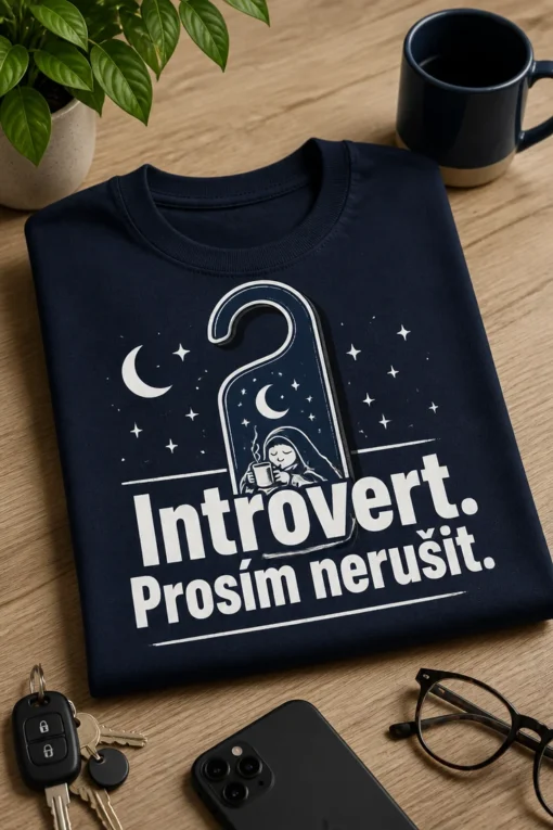 Tričko s nápisem Introvert. Prosím nerušit. a motivem do-not-disturb visačky, měsíců a hvězd v tmavě modré a bílé.