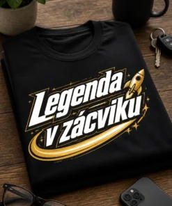 Tričko s nápisem Legenda v zácviku v elegantním sportovním typografickém designu se zlatobílou raketovou stopou.